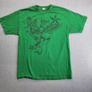 Vintage Alstyle Shirt Mens Medium Green Skull Wings Tattoo Graphic Tee 2000s